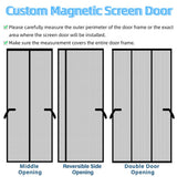 Diagram of custom magnetic screen doors with different opening types on a white background.