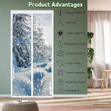 Window with snowy landscape view and product advantages listed on a green panel.